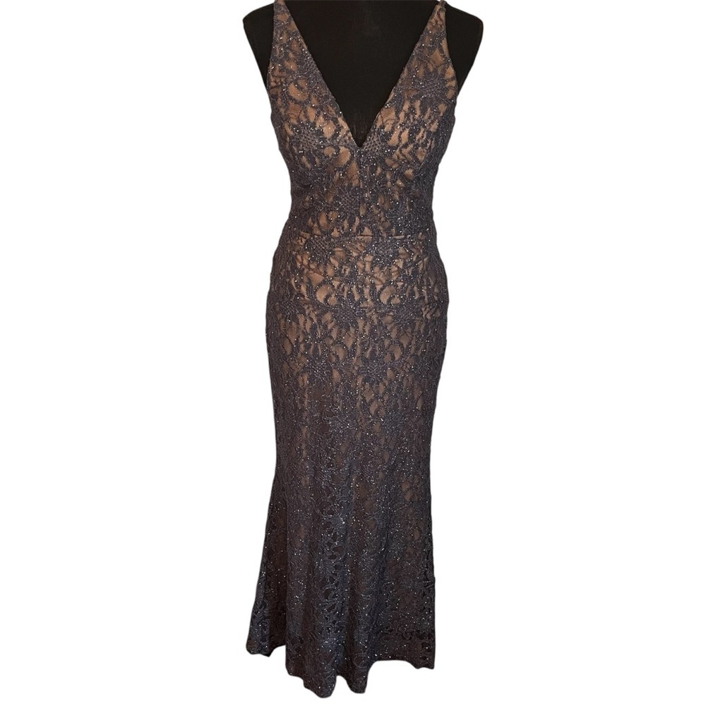 BETSY & ADAM Blue/Gray Glitter Lace Sleeveless V Neck Formal Gown Dress Sz 4